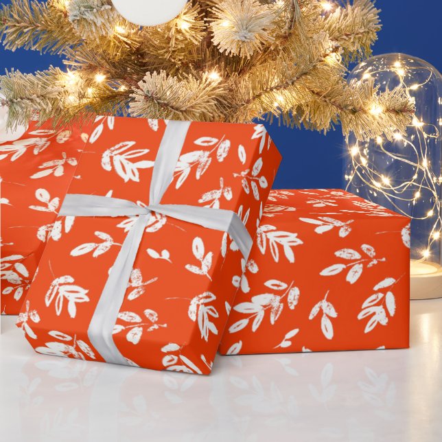 Modern White Orange Botanicals Pattern Wrapping Paper (Holidays)