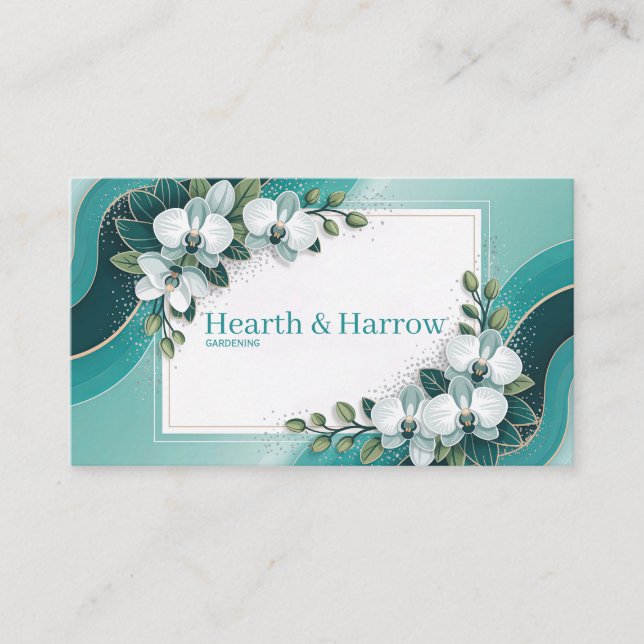 Modern White Orchid Floral Teal and Gold Business Card (Front)