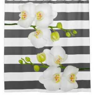 Modern White Orchids & Thick White Stripes Shower Curtain