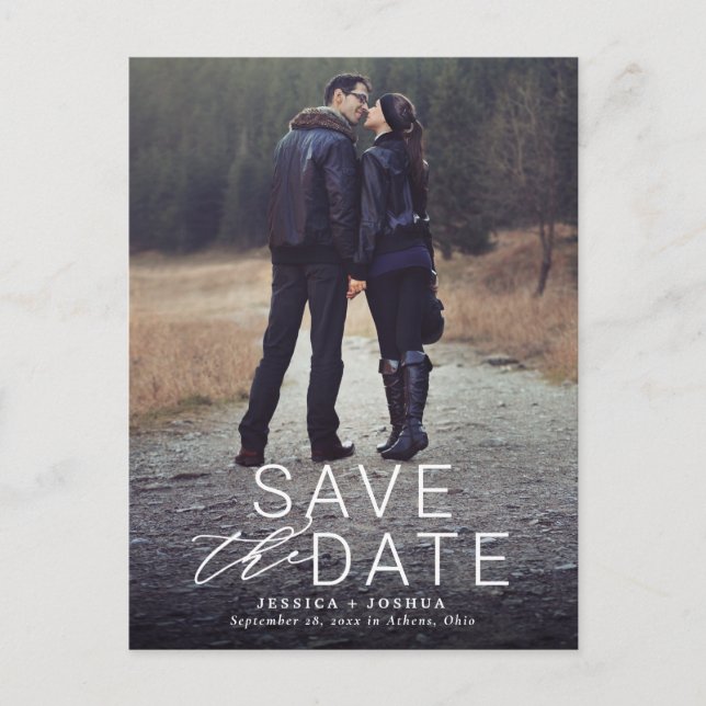 Modern White Overlay Full Photo Save the Date Postcard (Front)