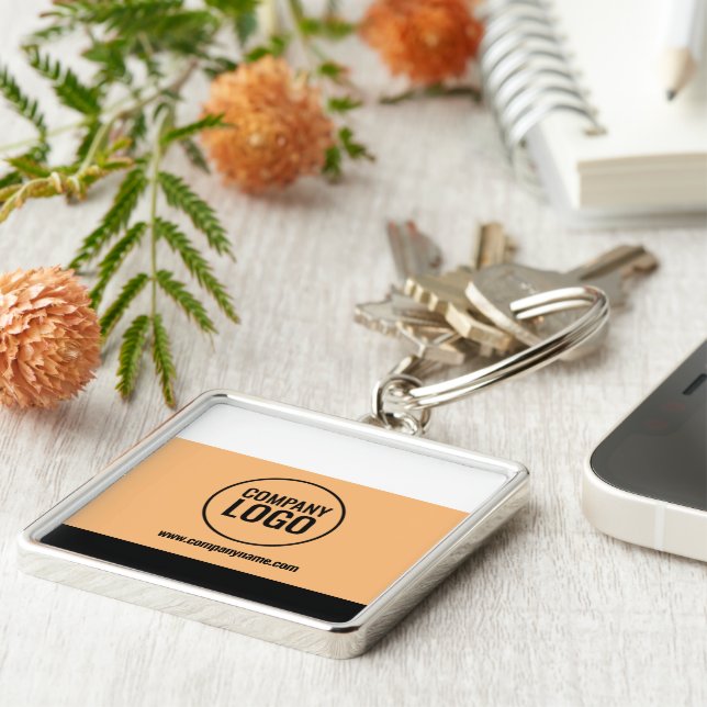 Modern White Peach Black Company Logo Website Key Ring (Side)