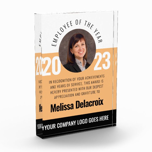 Modern White Peach Black Employee of Year Award Photo Block (Left)