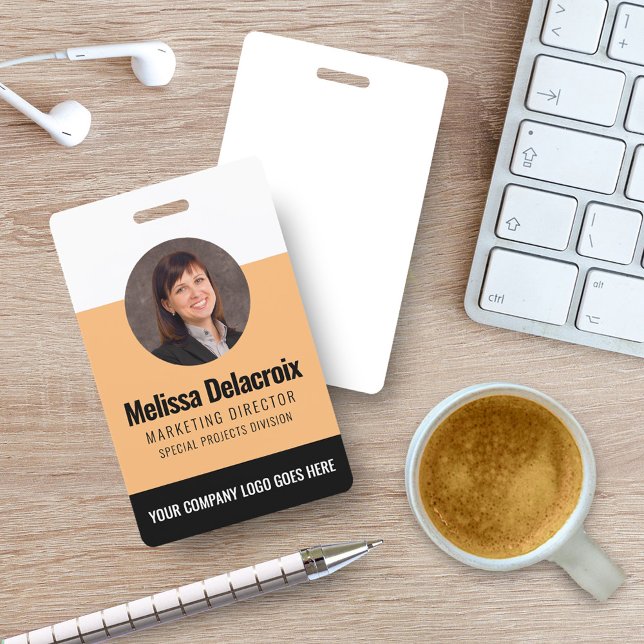 Modern White Peach Black Employee Photo ID Badge (Creator Uploaded)