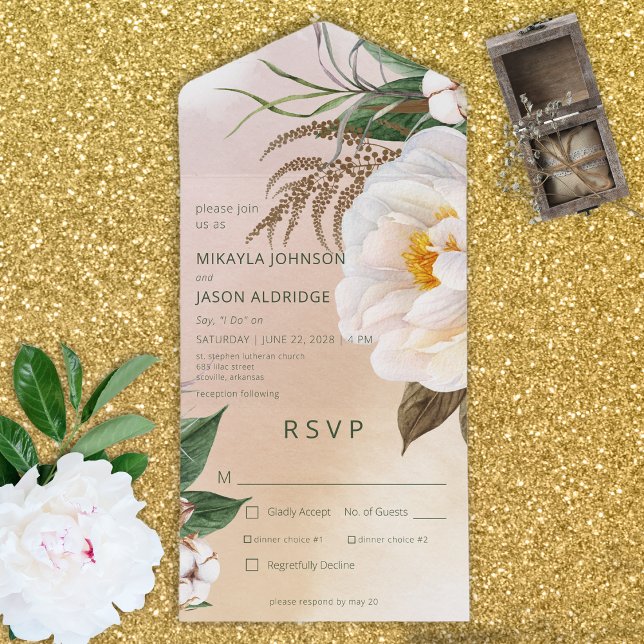 Modern White Peonies Floral on Brown Dinner All In One Invitation (Creator Uploaded)