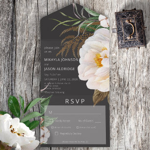 Modern White Peonies on Black Dinner All In One Invitation