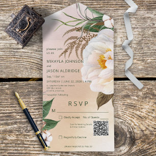 Modern White Peonies on Brown QR Code All In One Invitation
