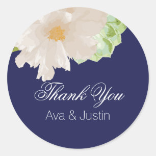 Modern White Peony and Succulents on Navy Classic Round Sticker