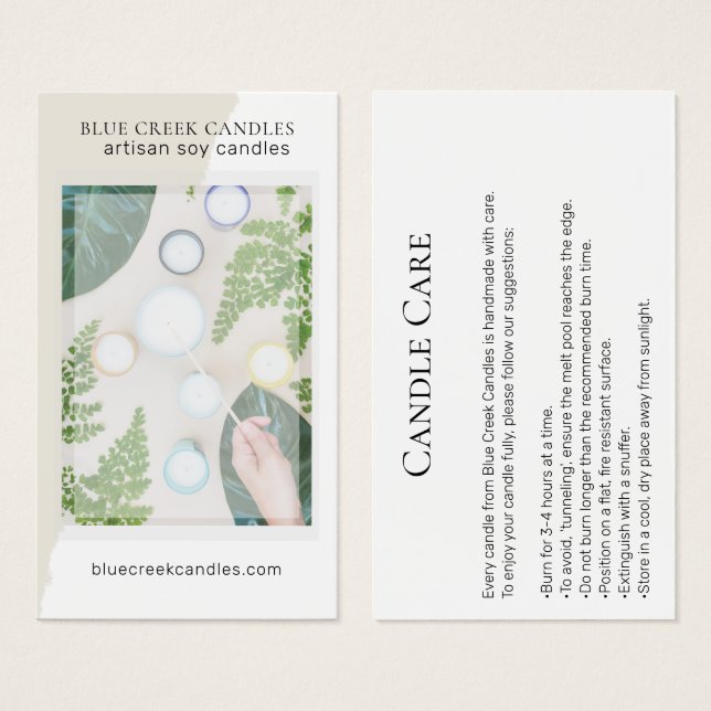 Modern White Photo Candle Care Card (Front & Back)