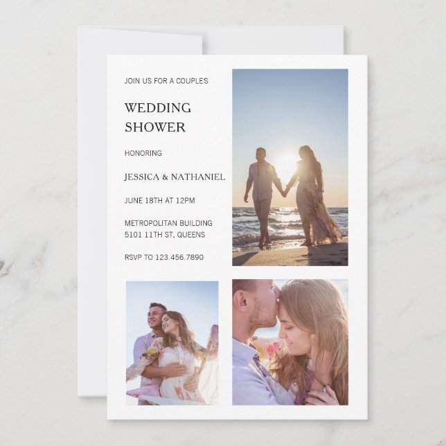 Modern White Photo Collage Couple's Wedding Shower Invitation (Front)