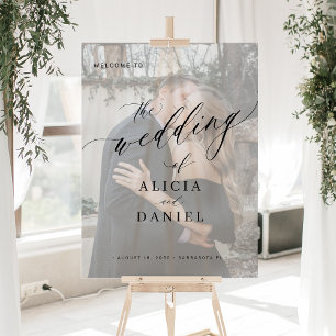 Modern white photo script wedding welcome sign