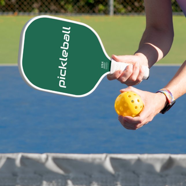 Modern White PICKLEBALL Text On Hunter Green Paddle (Insitu)