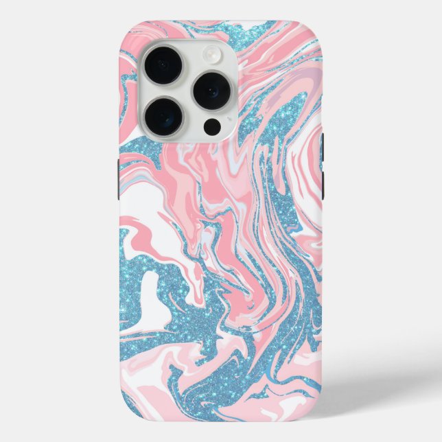 Modern White Pink Blue Glitter Marble Case-Mate iPhone Case (Back)