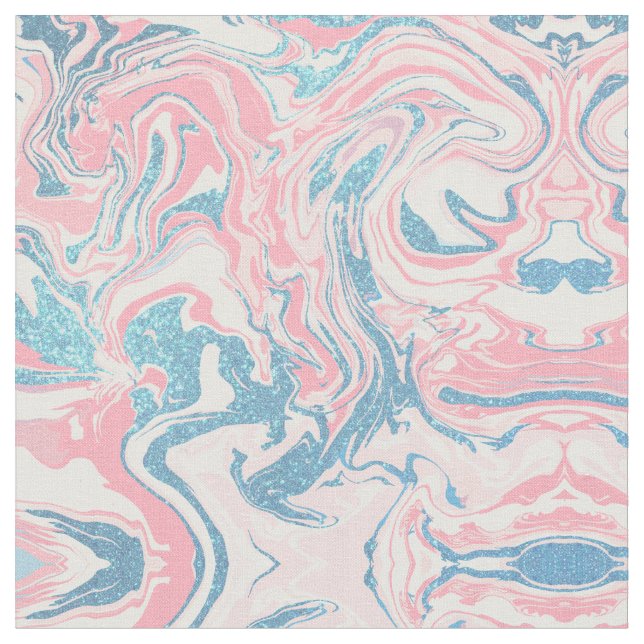 Modern White Pink Blue Glitter Marble Fabric (Close Up)