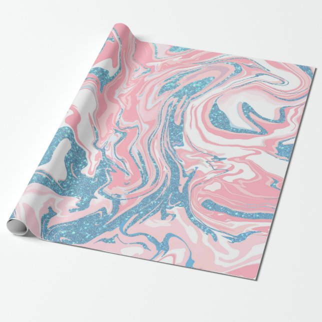 Modern White Pink Blue Glitter Marble Wrapping Paper (Unrolled)