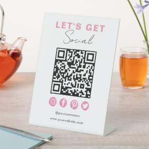 Modern White Pink Connect With Us QR Code Pedestal Sign