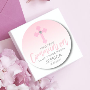 Modern White Pink Cross COMMUNION Girl Thank You Classic Round Sticker