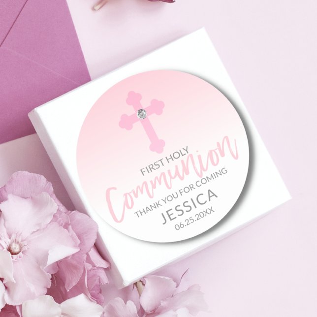 Modern White Pink Cross COMMUNION Girl Thank You Classic Round Sticker (Creator Uploaded)