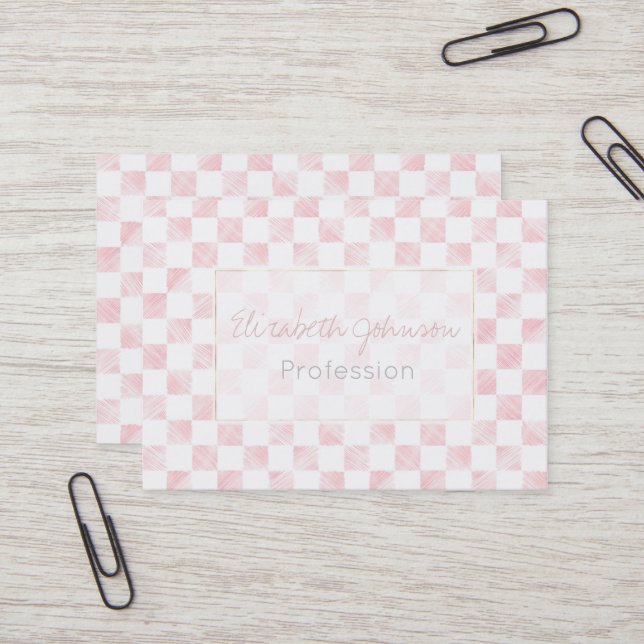 Modern White Pink Squares chequerboard  Business Card (Front/Back In Situ)