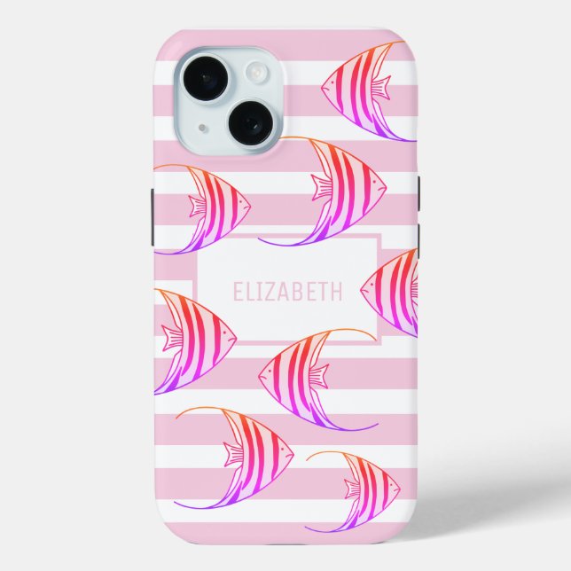 Modern White Pink Striped Angel Fish Personalised Case-Mate iPhone Case (Back)