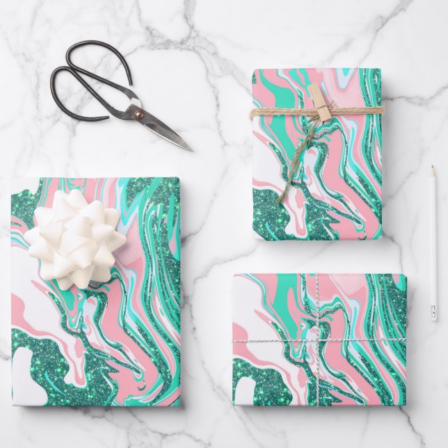 Modern White Pink Teal Green Glitter Marble Wrapping Paper Sheet (Front)