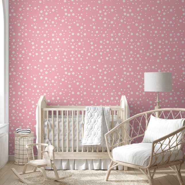 Modern White Polka Dots on Pink for Girls' Room Wallpaper (Kids)