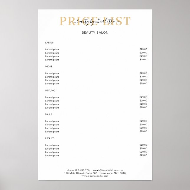 Modern White Price List Poster (Front)