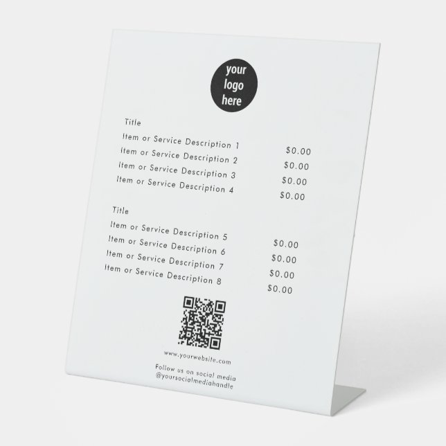 Modern White Price List QR Code Social Media  Pedestal Sign (Front)