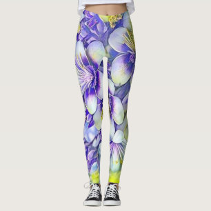 Modern White Purple Cherry Blossoms Watercolor Leggings