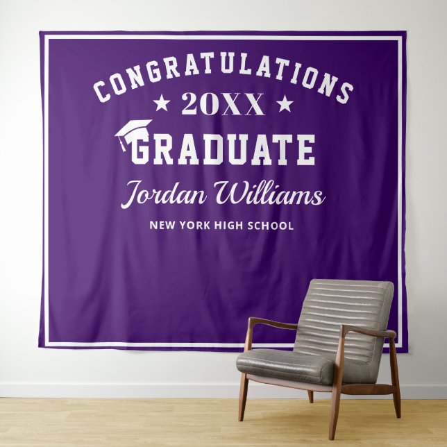 Modern White Purple Graduation Photo Prop Backdrop Tapestry (In Situ (Horizontal))