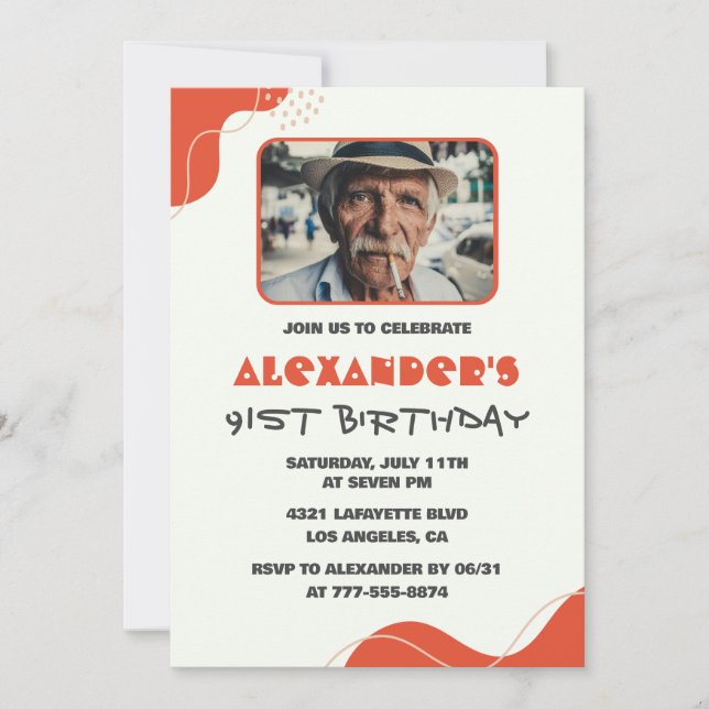 Modern White Red Men 91st birthday invitations   (Front)