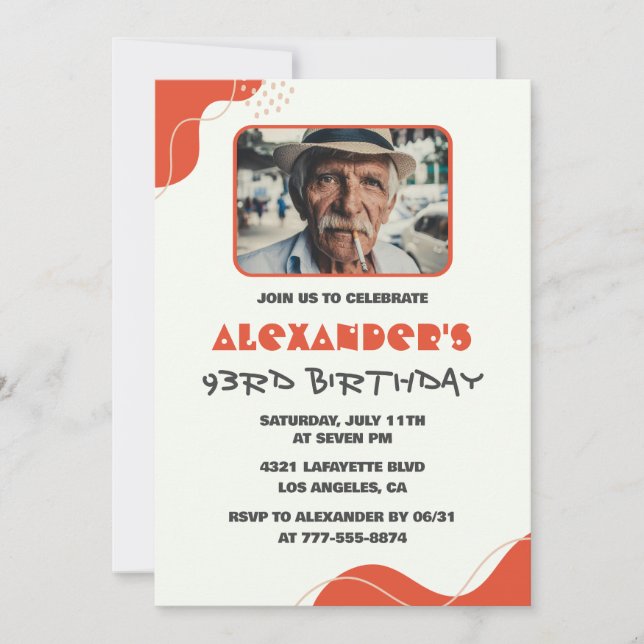 Modern White Red Men 93rd birthday invitations   (Front)