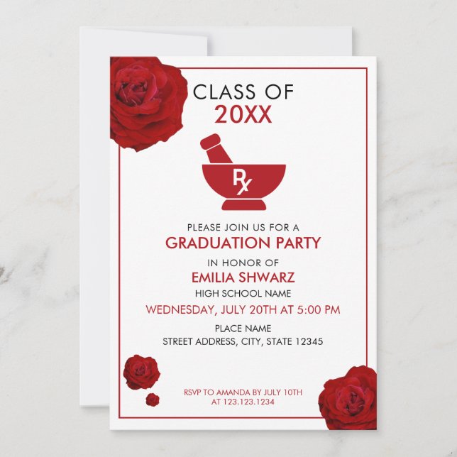 Modern White & Red Rose Pharmacist Graduation Invitation (Front)