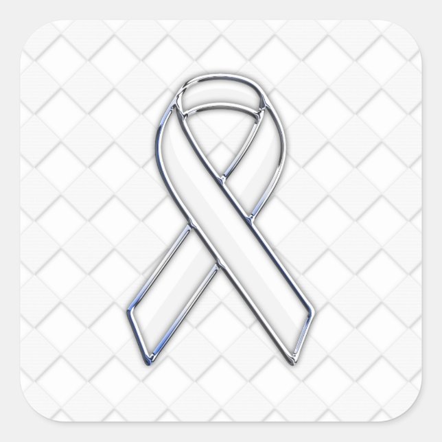 Modern White Ribbon Awareness on Checkers Print Square Sticker (Front)