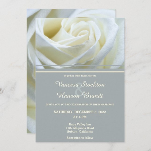 Modern White Rose Wedding Invitation (Front/Back)