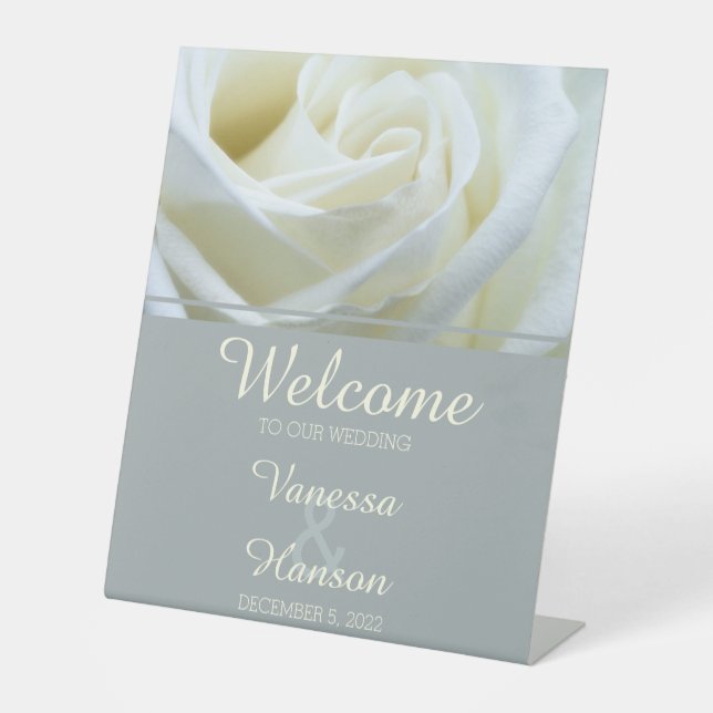 Modern White Rose Wedding Pedestal Sign (Front)