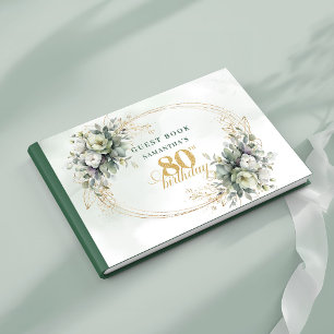 Modern White Roses Gold 80th Birthday Guest Book
