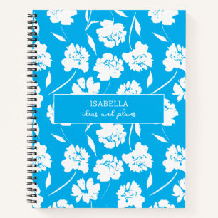 Modern White Roses on Blue Pattern Personalised Notebook