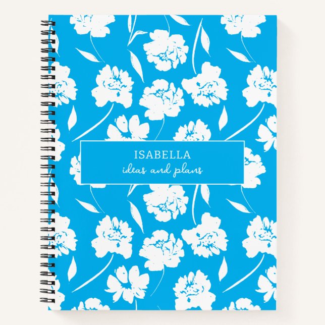 Modern White Roses on Blue Pattern Personalised Notebook (Front)