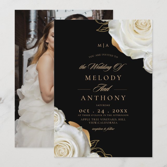 Modern  White Roses Wedding Photo Invitation (Front/Back)