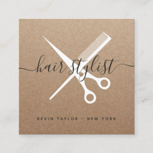 Modern white scissors branding hair stylist kraft square business card