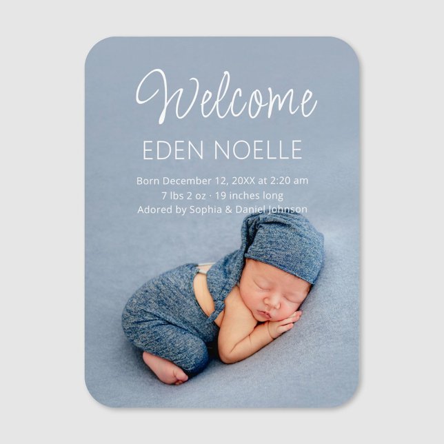 Modern White Script Birth Announcement Photo Magnet (Custom baby photo magnet. Elegant, modern white script baby birth announcement photo magnet.)