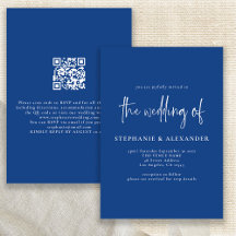 Modern White Script Blue QR Code Wedding