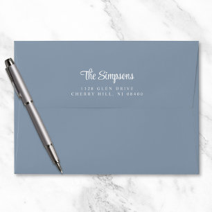 Modern White Script Dusty Blue Return Address Envelope