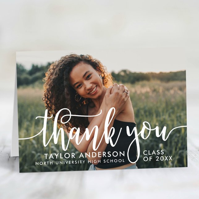 Modern White Script Graduation Photo Thank You Card (Creator Uploaded)