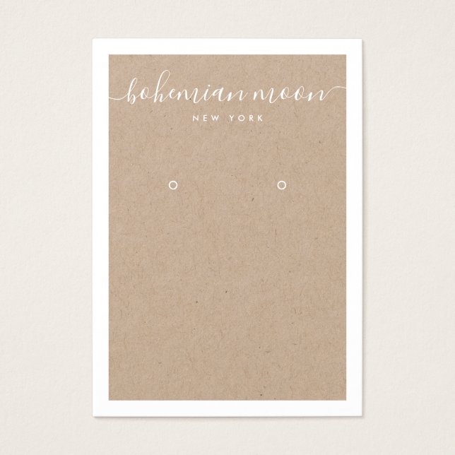 Modern white script kraft earring display card (Front)