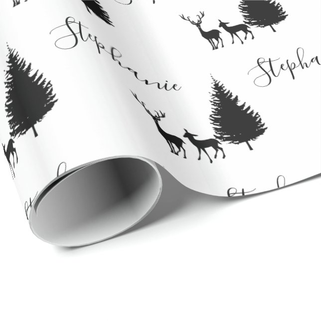 Modern White Script "Merry Christmas" and Deer Wrapping Paper (Roll Corner)