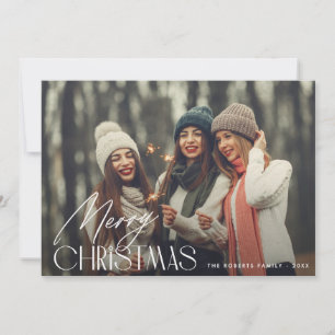 modern white script merry christmas photo card