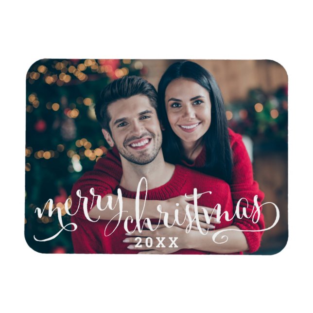 Modern White Script Merry Christmas Photo Magnet (Horizontal)