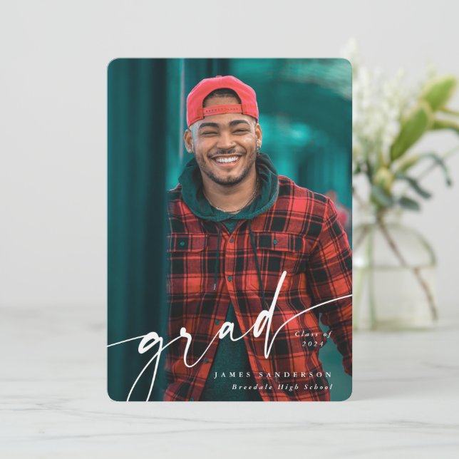 Modern White Script Overlay Two Photo Graduation Announcement (Standing Front)