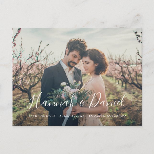 Modern White Script Photo Custom Save the Date Invitation Postcard (Front)